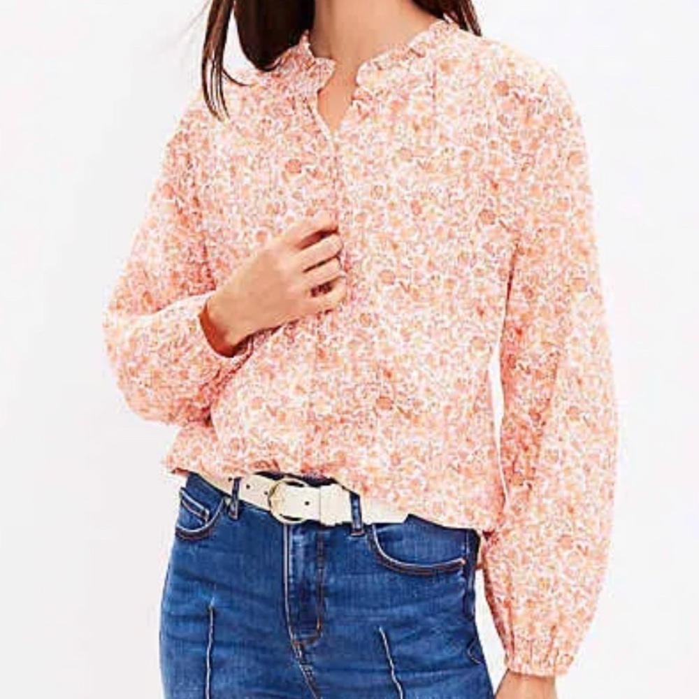 LOFT Orange and White Long Sleeve Blouse with Mandarin Collar
